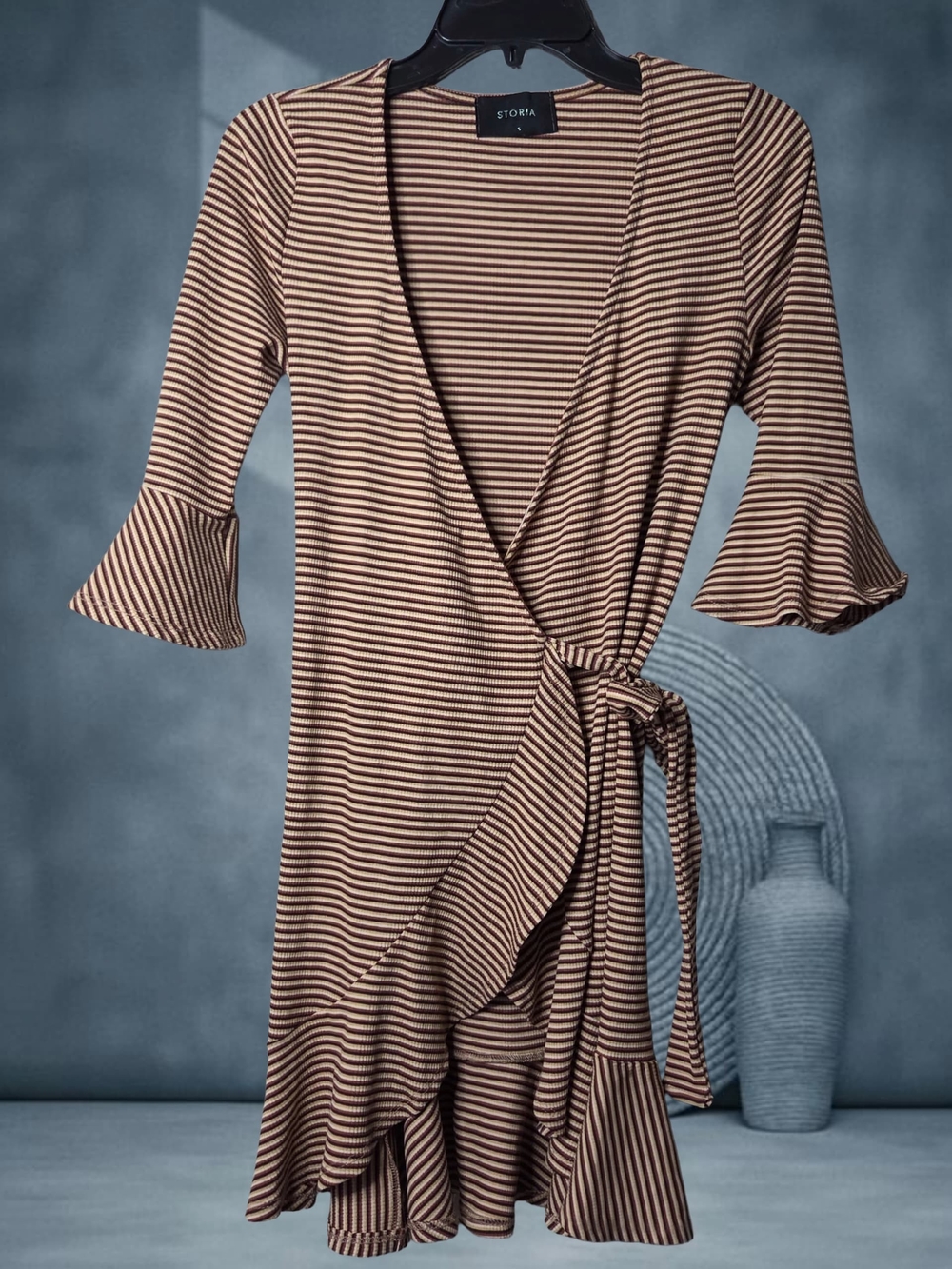 Storia Brown & Cream Striped Wrap Dress with Ruffle Hem